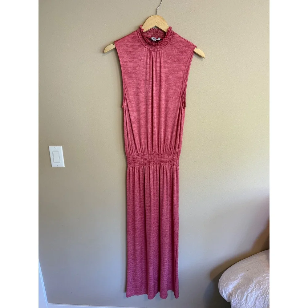 Pink Textured‎ Smocked Waist Sleeveless Ruffle Mock Neck Maxi Dress S