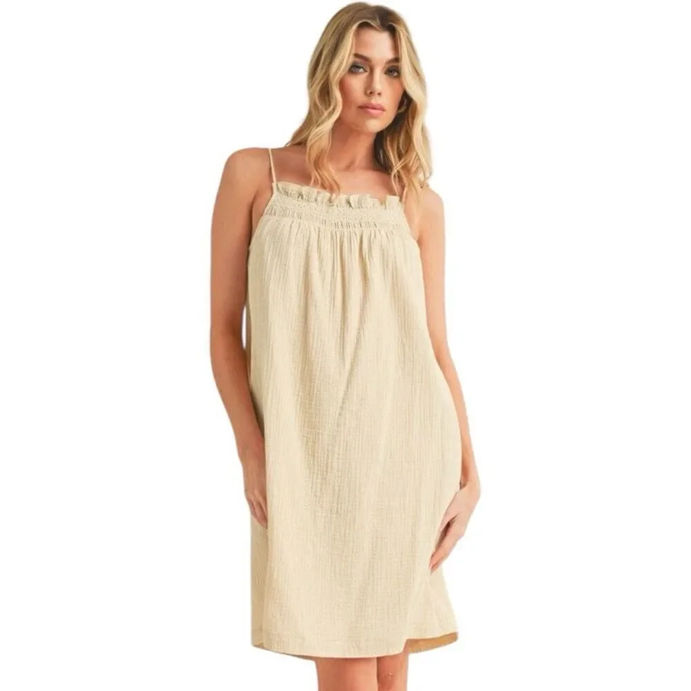 Mini Cami Dress Tan Beige Pockets Embroidered Trim Gauze Square Neck | Aemi + Co