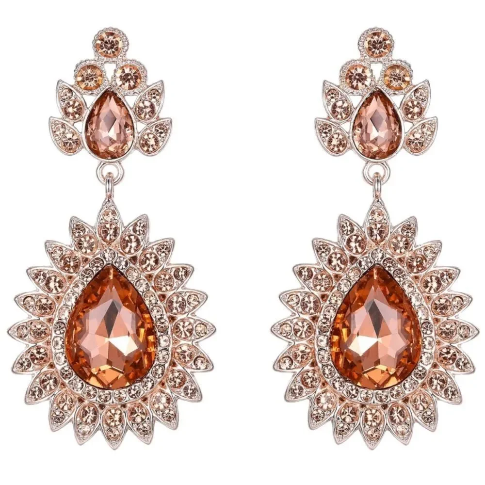 Rose Gold with Champagne Topaz Crystal Art Deco Chandelier Dangling Earrings