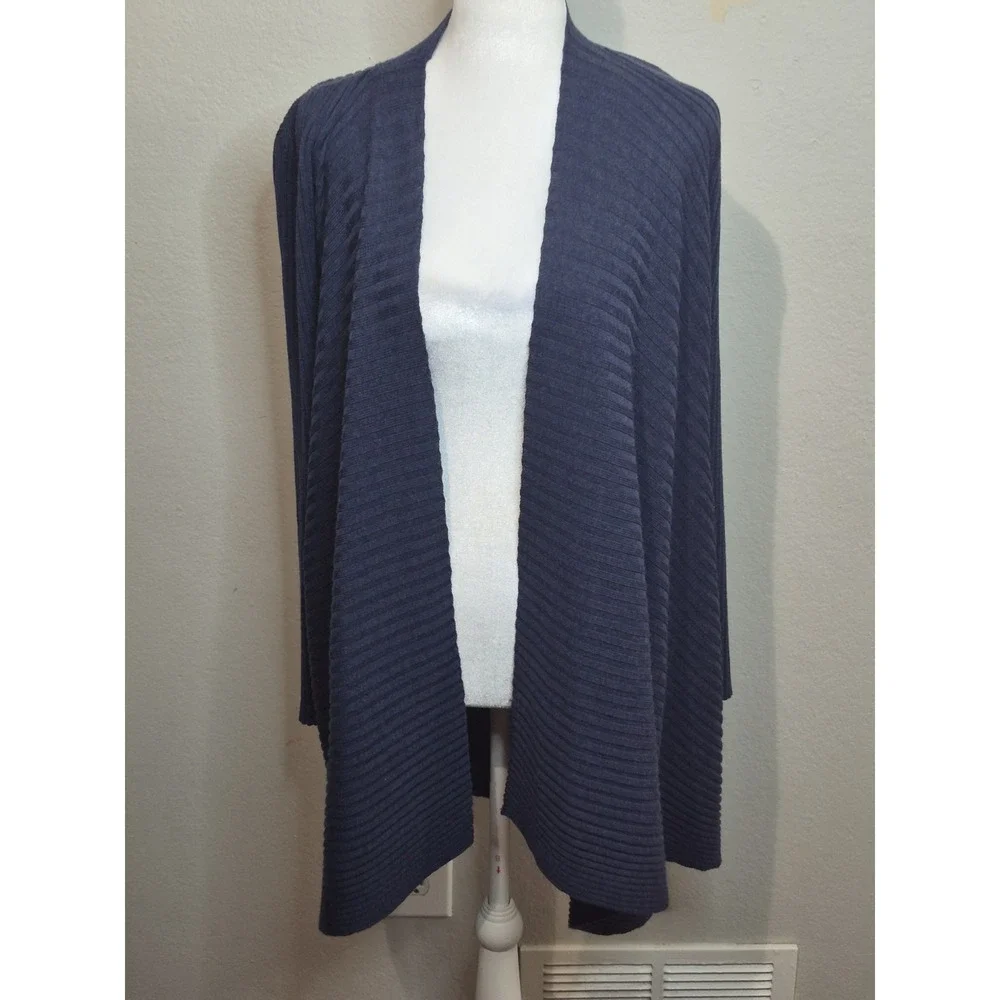Eileen Fisher Merino Wool Cardigan Size S Blue Open Front Long Duster Layering