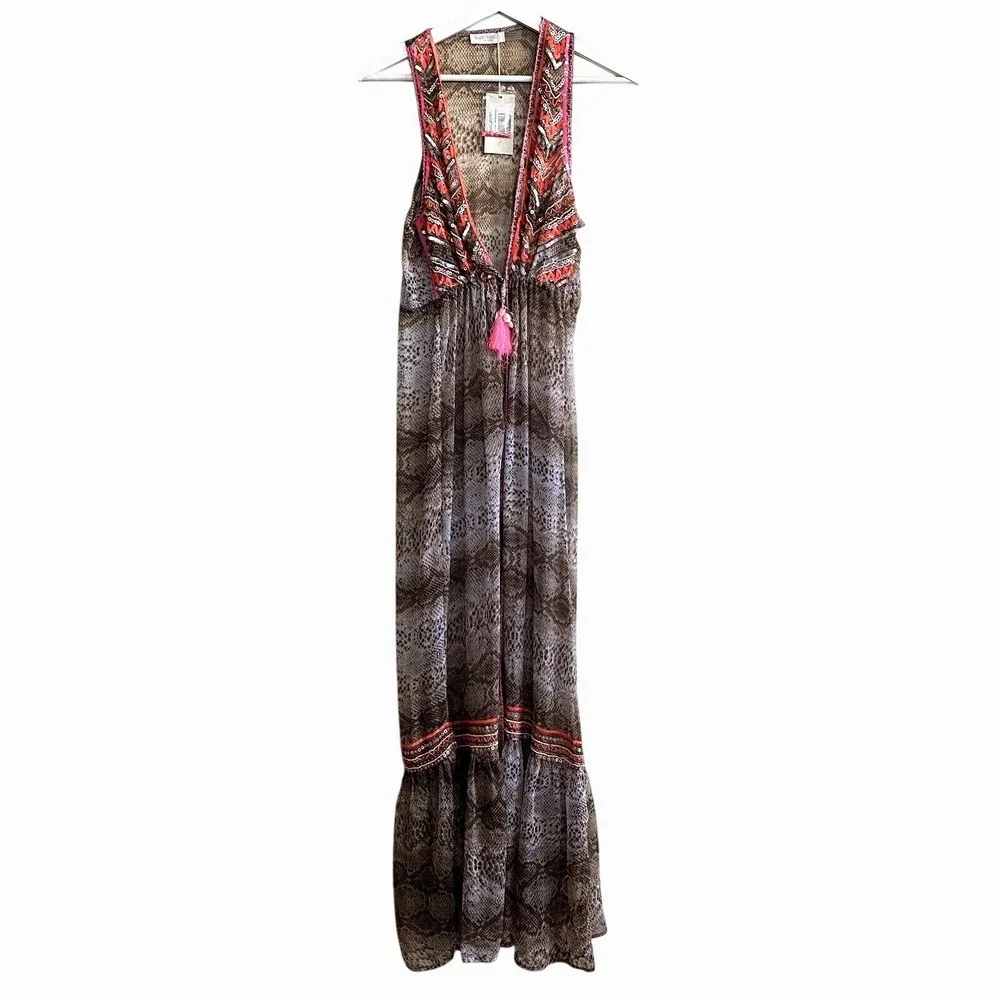 Ramy Brook Snakeskin Boho Embellished Maxi Dress Cover-Up Brown Size S Glam‎