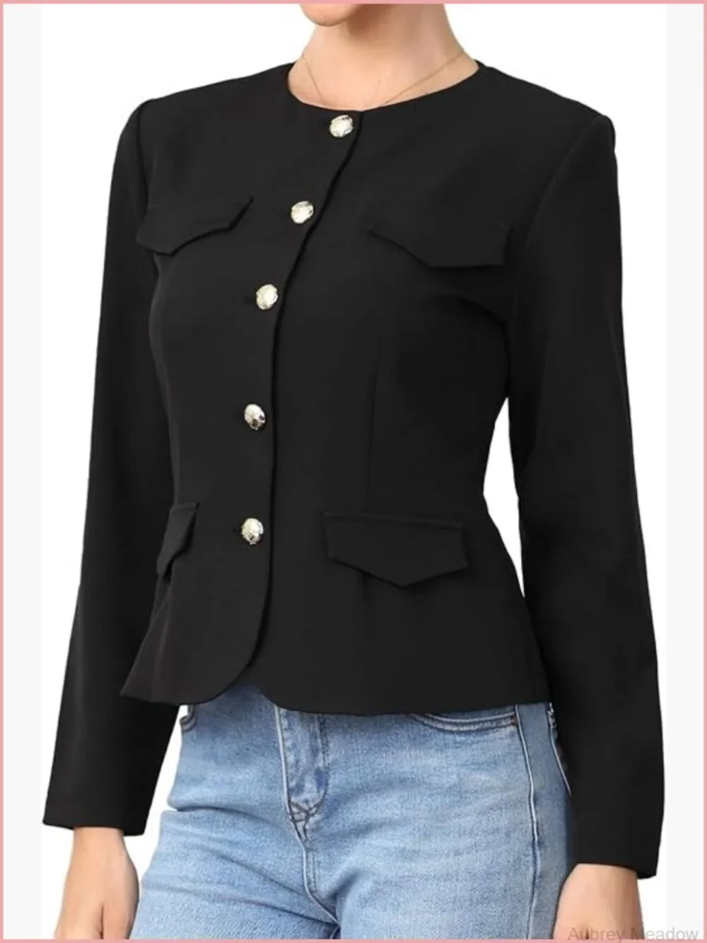 Collarless Blazer Jacket Business Casual Fitted Long Sleeve Button Down Work