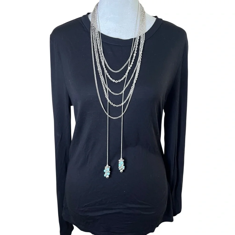 Silver Tone Layered Chain Necklace Long Turquoise Boho Elegant Dressy Draped 20s