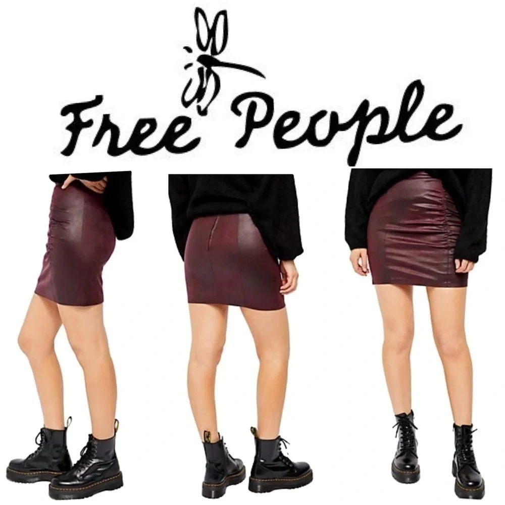Free People Burgundy Faux Leather Ruched Skirt NWT