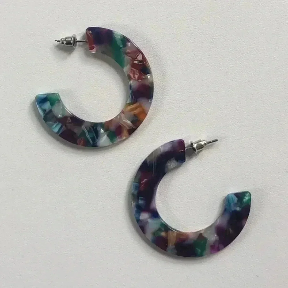 Purple Green Gold & Cream Semi Hoop Acrylic Stainless Steel Earrings NWT