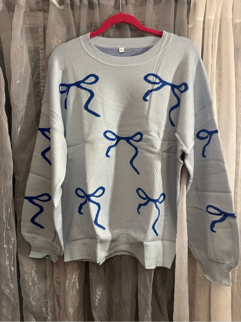 ATHMILE Light Blue Bow-Print Women's Sweater