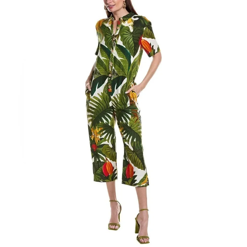 Farm Rio White Cocoa Forest Green Jumpsuit Short Sleeves Size XS