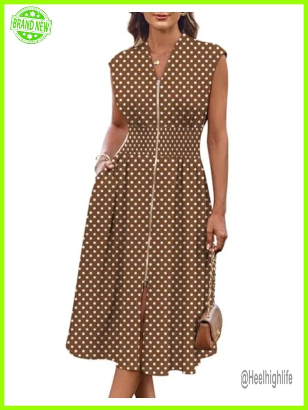 Cap Sleeve Zipper Front Flowy Midi Dress with Pockets