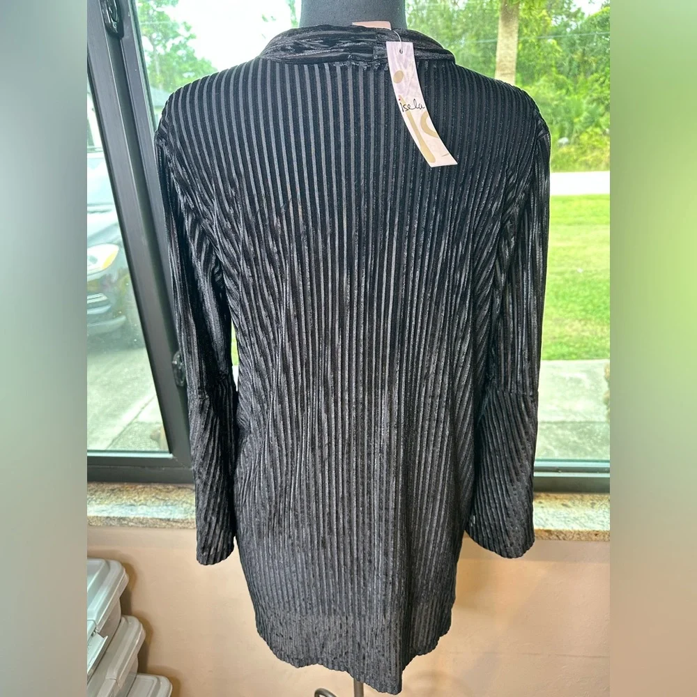 Isela Black Textured Stripes Velour Open Cardigan Size Medium NEW