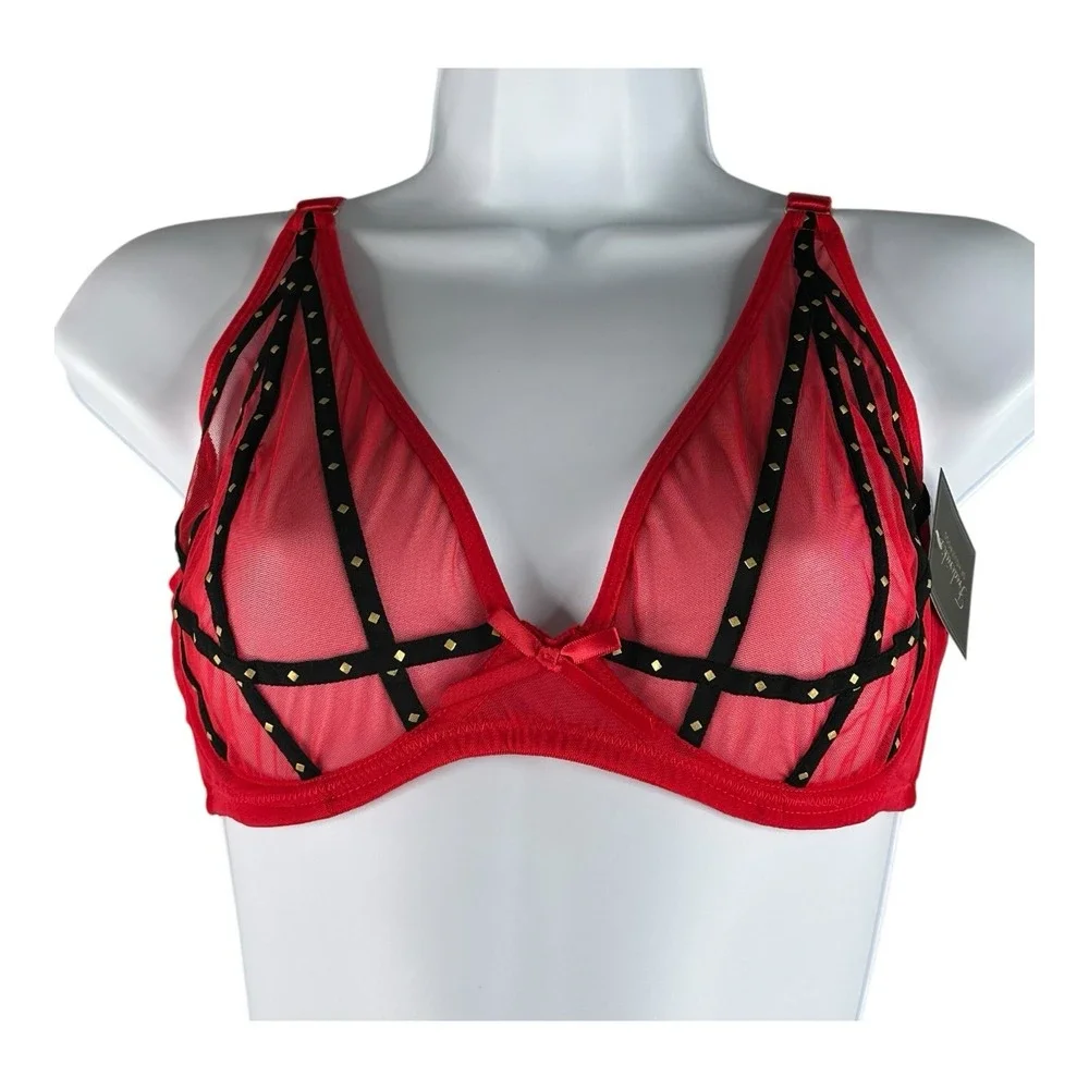 Frederick's Of Hollywood Women's 34DD Red Rozlyn Mesh and Stud Red Black Set Bra