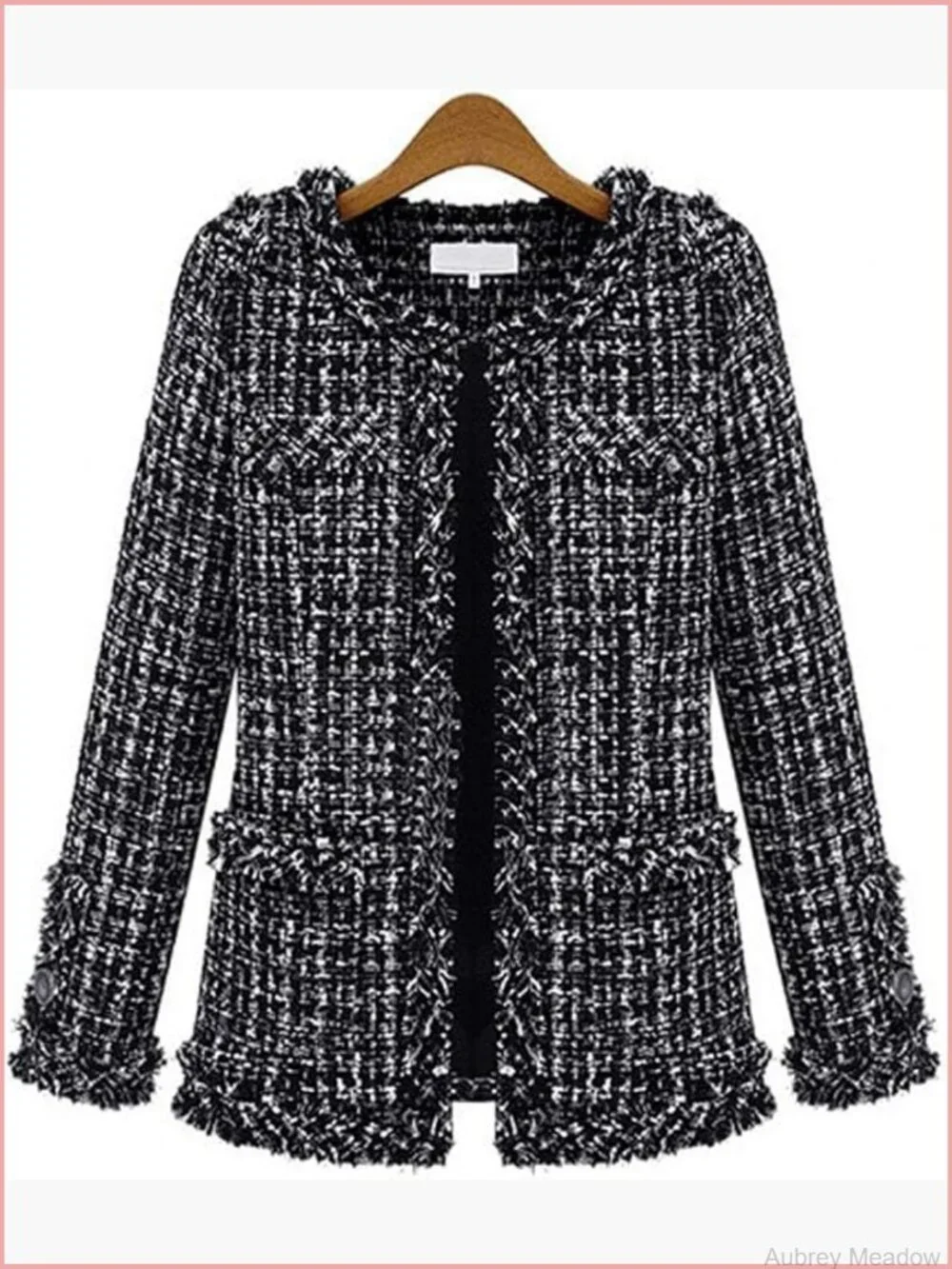 Elegant Open Front Fringed Plaid Tweed Jacket Blazer