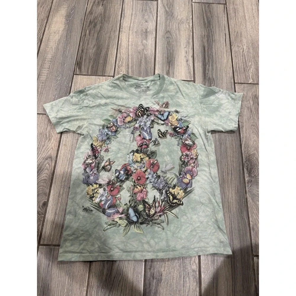The Mountain Men's Peace Sign Butterfly Floral T-Shirt S Green Tie-Dye Cotton