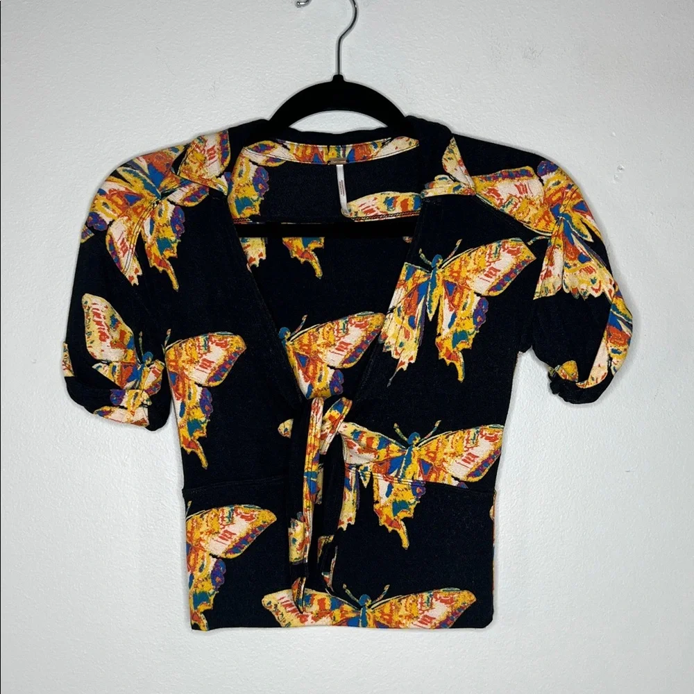 Free People Whimsical Butterfly Print Ready Set Sail Tie Front Crop Top size XS
