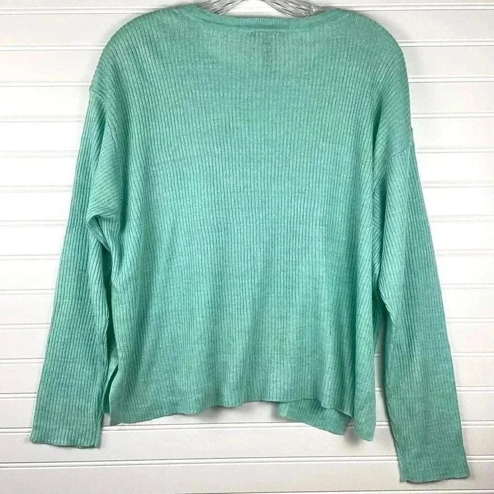 Eileen Fisher Mint Green Organic Linen Delave Round Neck Pullover size Medium