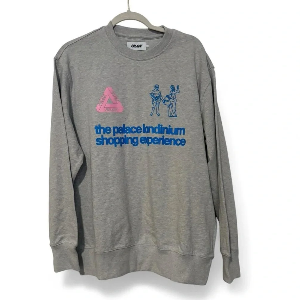 PALACE Gray Crewneck Sweater with Pink and‎ Blue Design