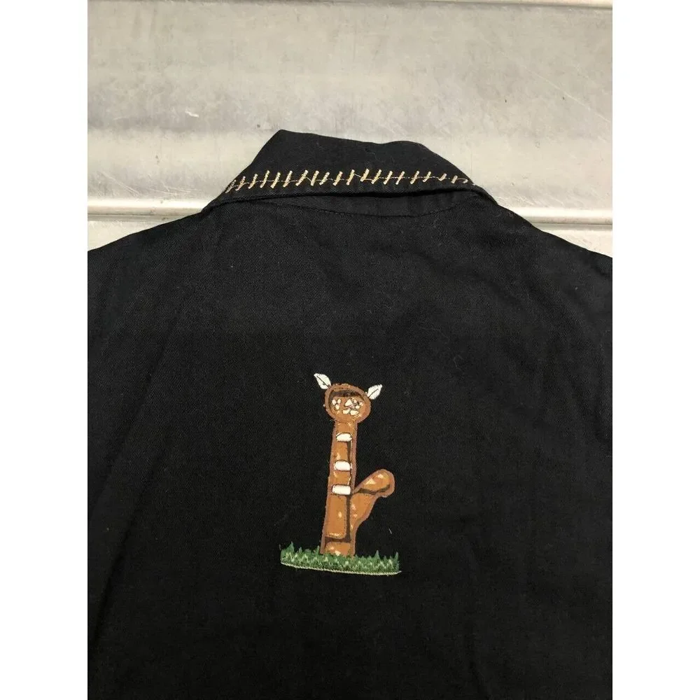 Life Style Vest Womens Small Black Button Up Animal Print Safari Cats Embroidery