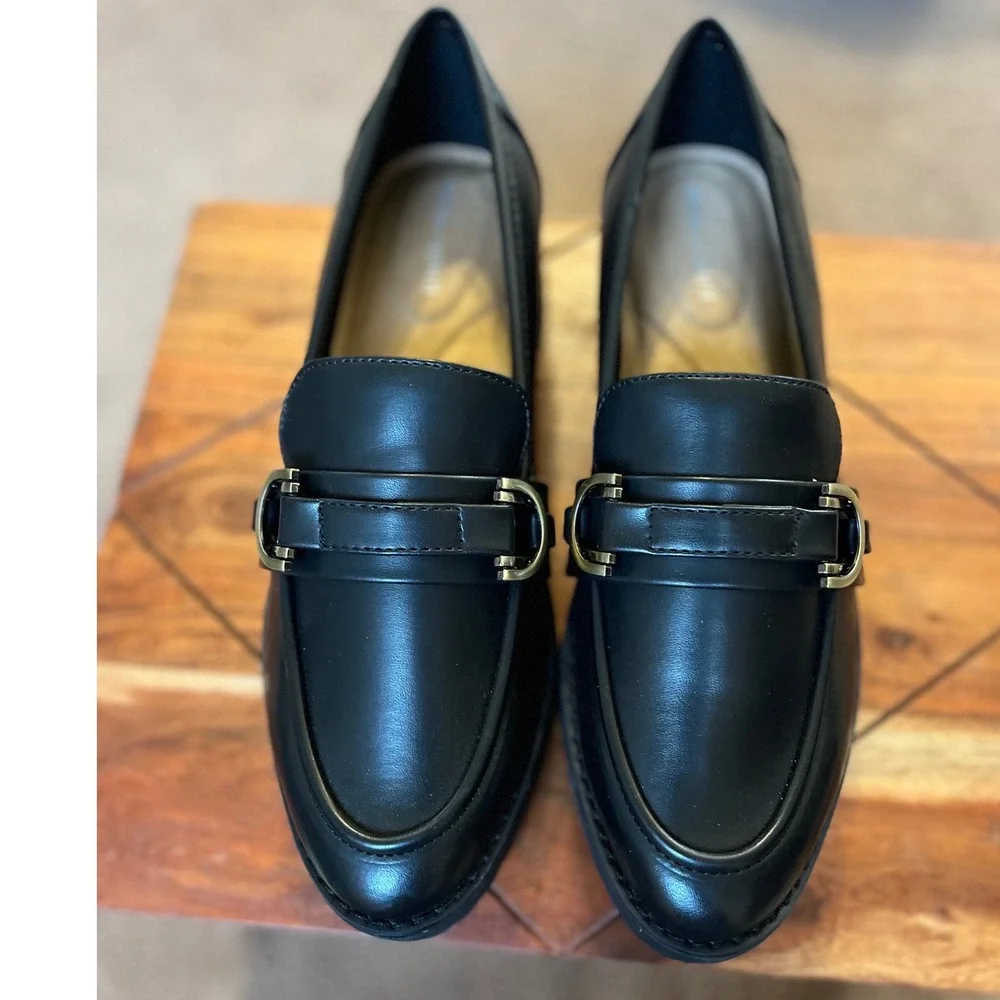 Easy Spirit Womens Black Lug Sole Loafers Metallic Strap Shoes‎ 9.5M