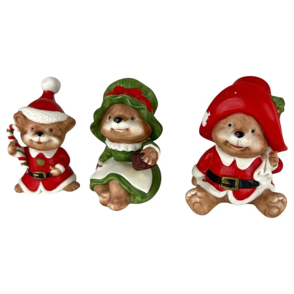 1980s‎ Homco Christmas Bear Figurine Family Set Of 3 Poppa Momma Baby #5600 VTG