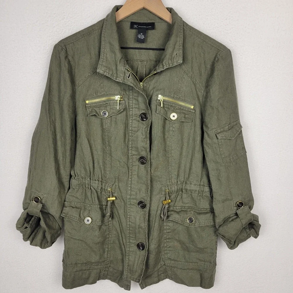 INC International Concepts Olive Green Linen Utility Jacket M Gold Zip Military‎