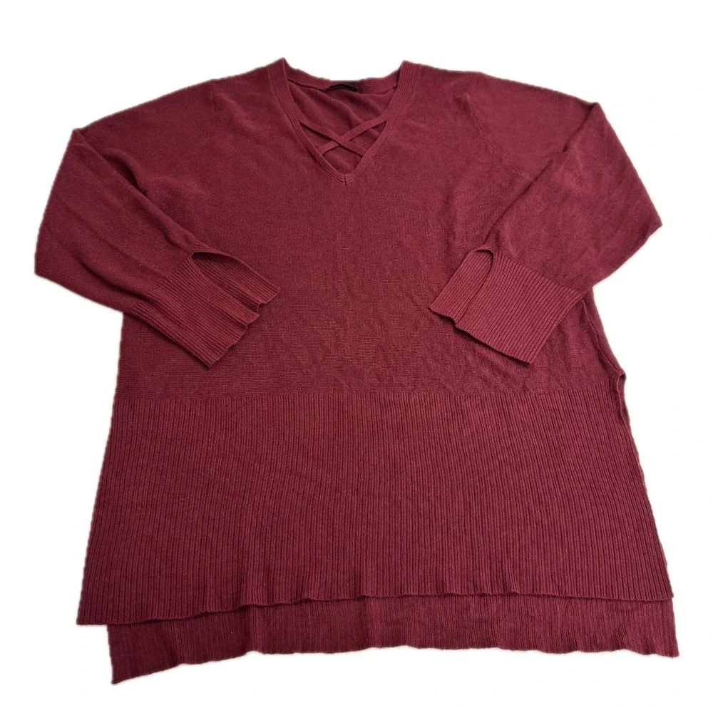 City Chic Sweater Womens XL Red Strappy V Neck Ribbed Knit Tunic Boho Side‎ Slit
