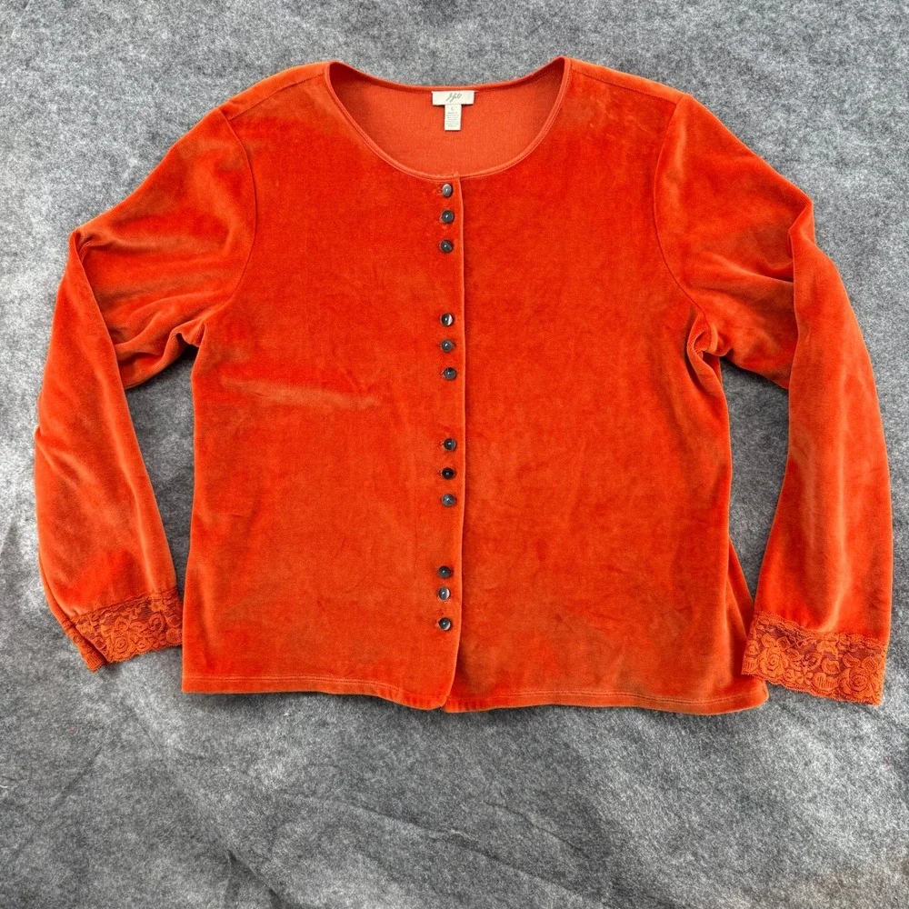 J. Jill Velour Cardigan Womens Large Orange Lace Velvet Trim Button Front Cotton