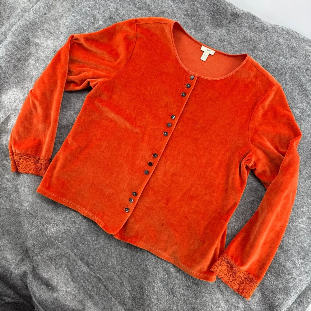 J. Jill Velour Cardigan Womens Large Orange Lace Velvet Trim Button Front Cotton