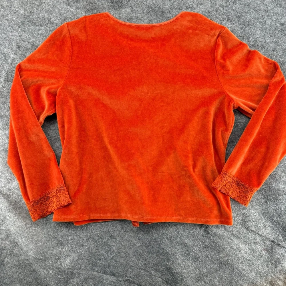 J. Jill Velour Cardigan Womens Large Orange Lace Velvet Trim Button Front Cotton