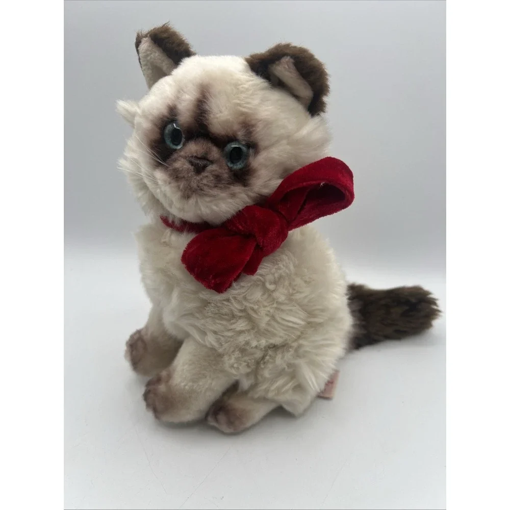 Russ Berrie Plush Cat Minx Siamese‎ Blue Eye Red Velour Bow EUC Kitty 9