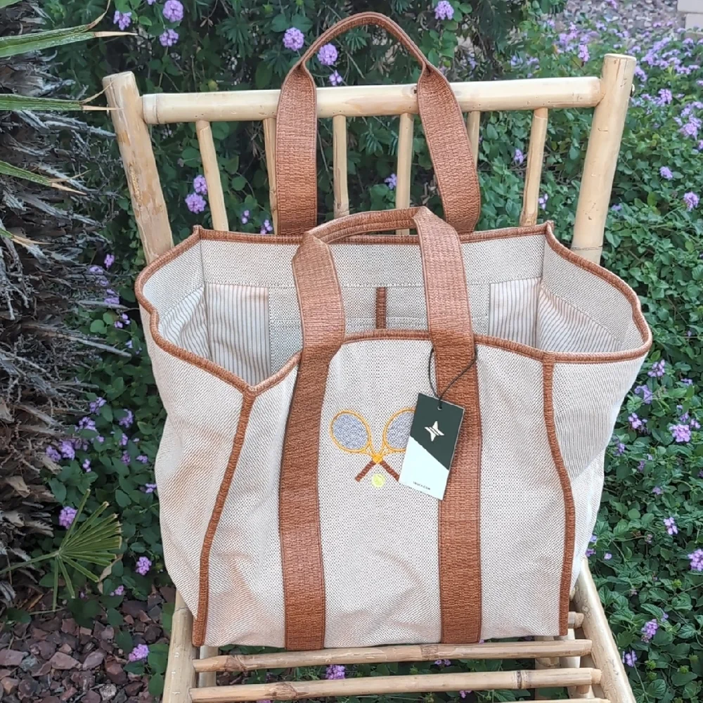 Brown and Cream Tote Bag with Tennis Racket Design