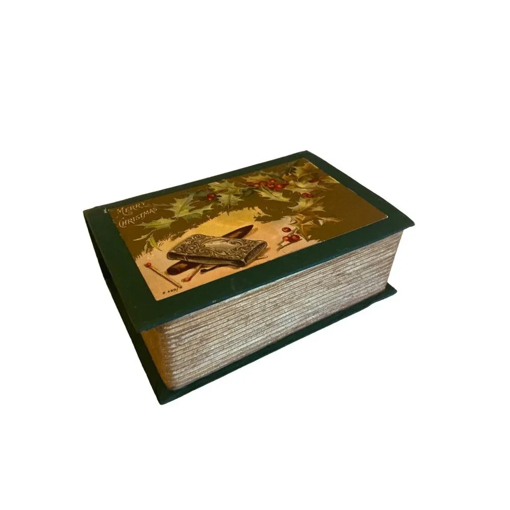 Vintage Merry Christmas Happy New Year‎ Faux Book Box Green Gold Sparkle