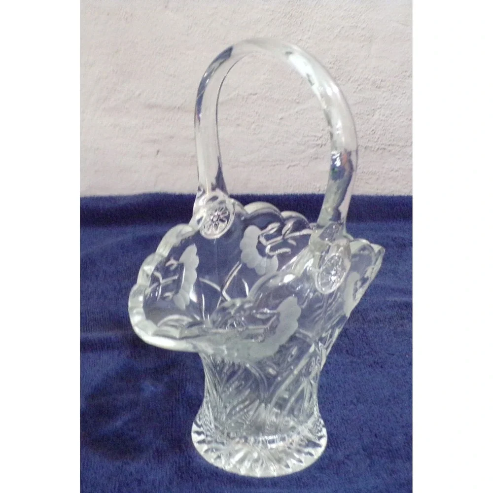 Brides Glass‎ Flower Basket w/Etched Flowers and Button Handle