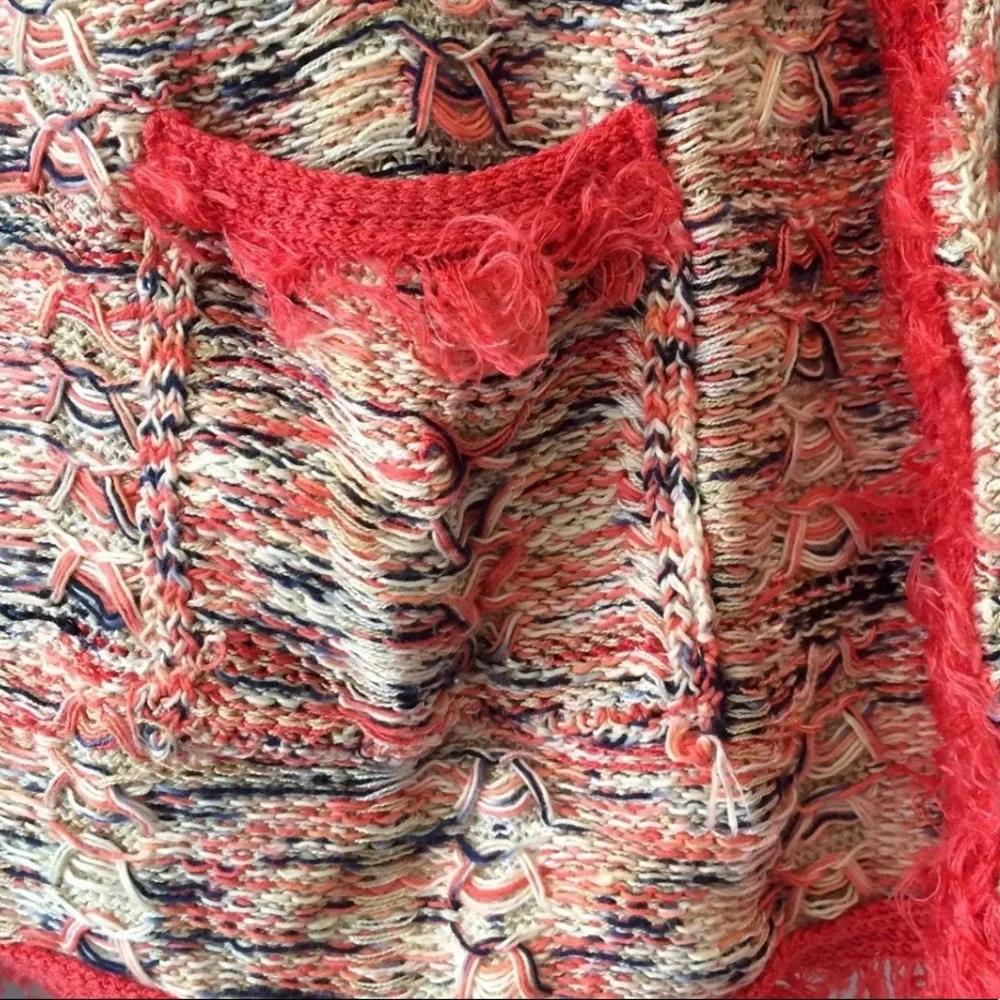 NIC & ZOE Sweater Linen Fringe Cardigan Sweater Petite Orany Red Large