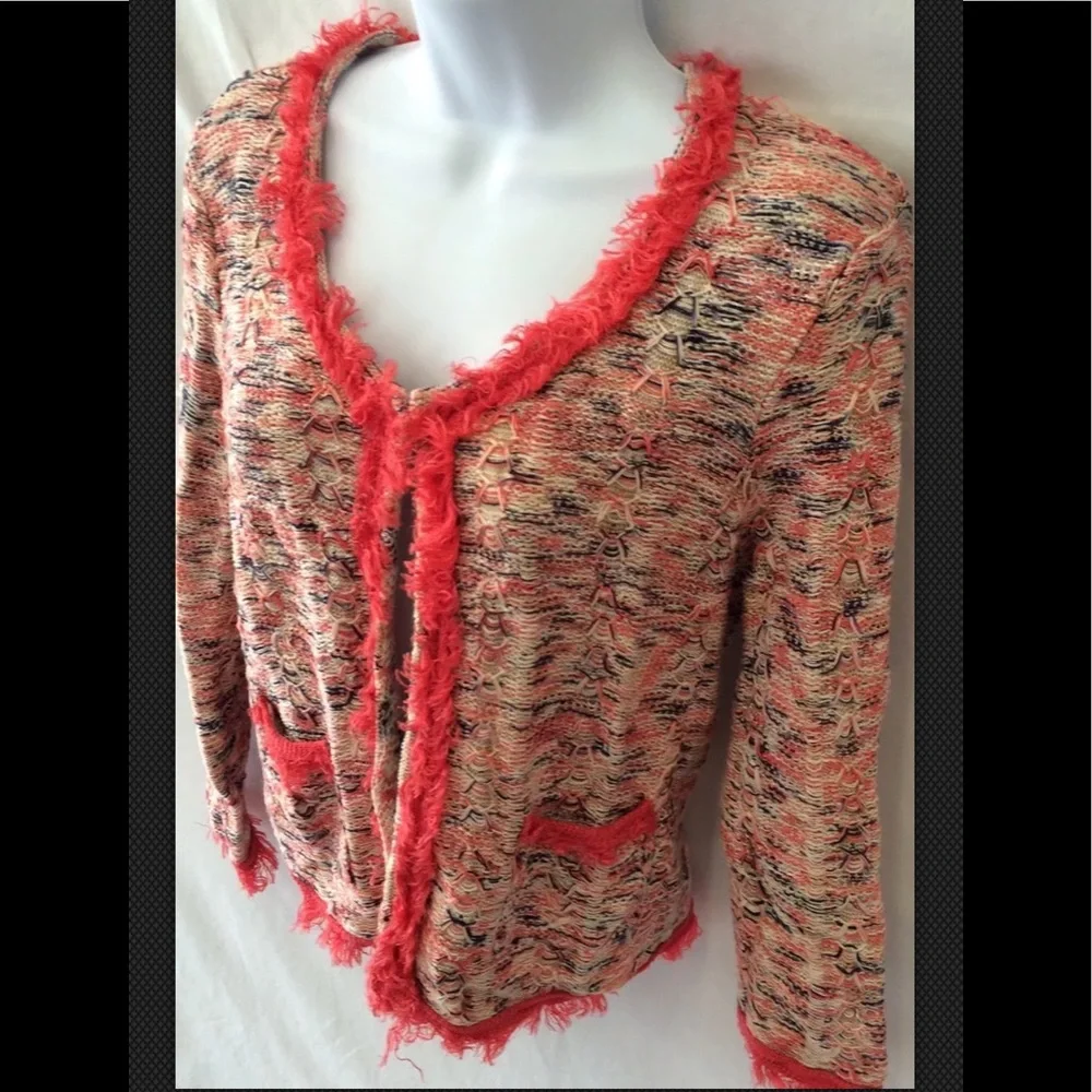 NIC & ZOE Sweater Linen Fringe Cardigan Sweater Petite Orany Red Large