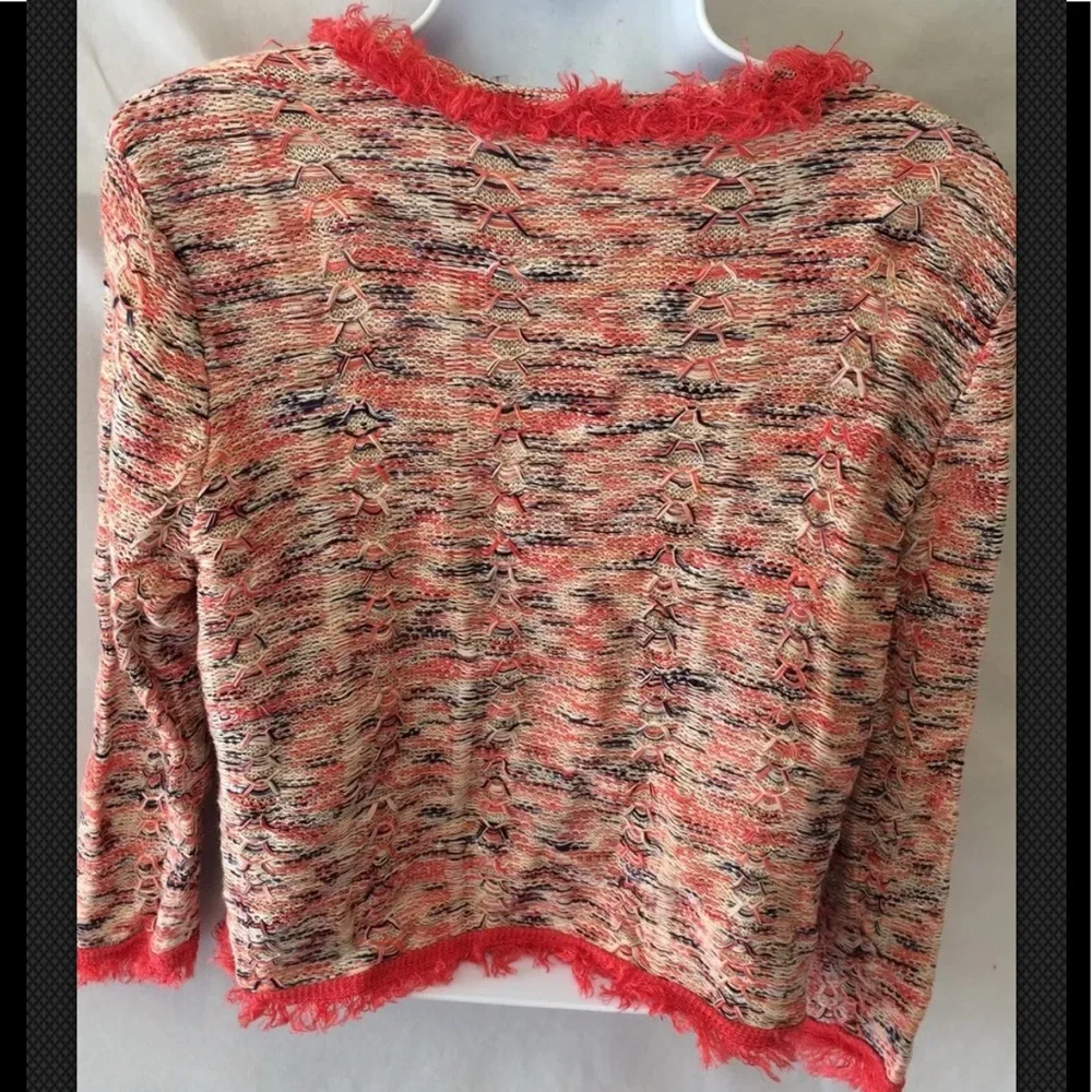 NIC & ZOE Sweater Linen Fringe Cardigan Sweater Petite Orany Red Large