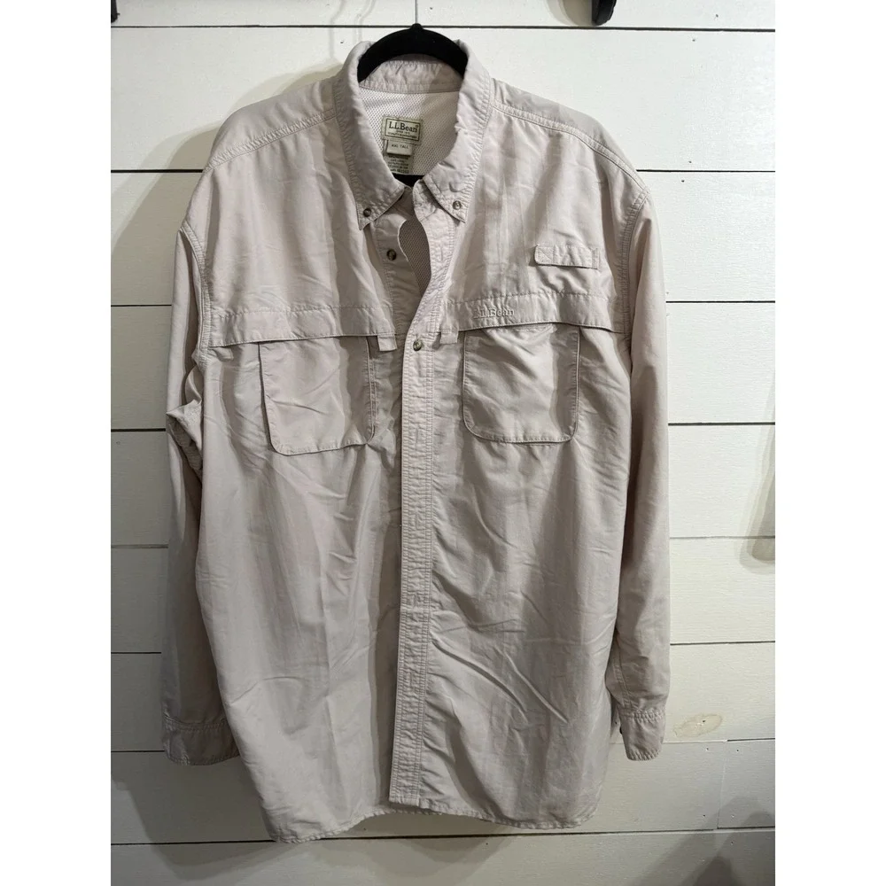 LL Bean Shirt Mens XXL Tall Vented Beige‎ Khaki Tan Long Sleeve Fishing Outdoor