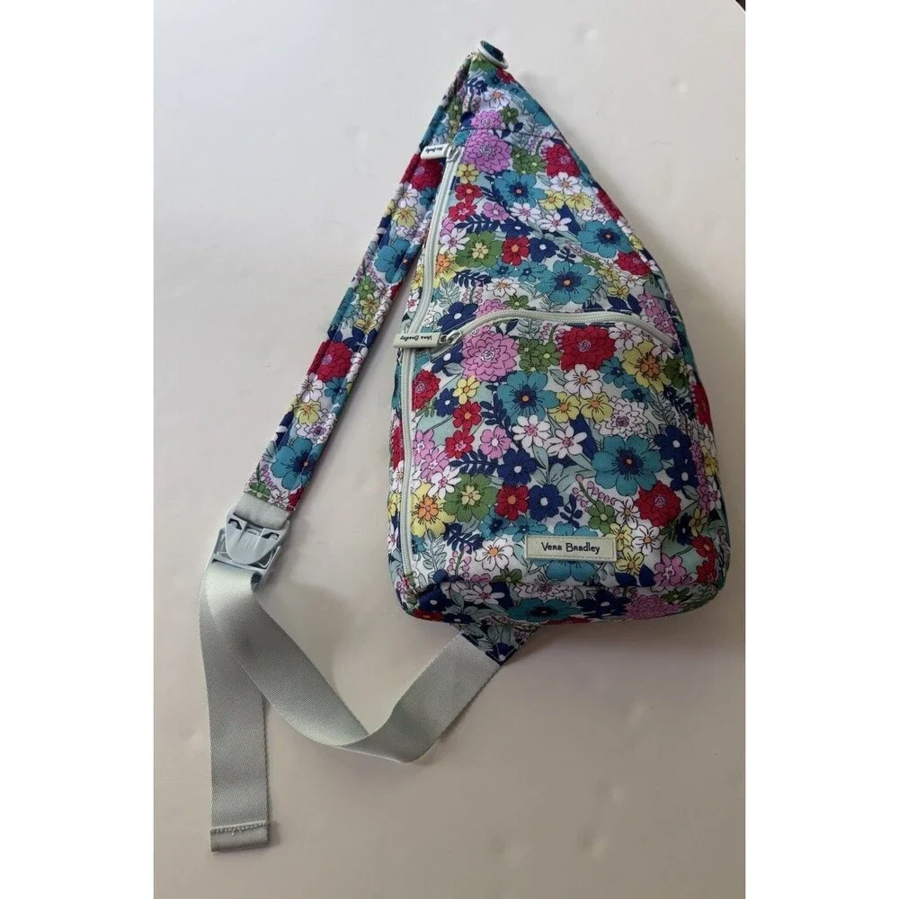 Vera Bradley Blue Floral Crescent Sling Crossbody Bag Zip Adjustable Strap