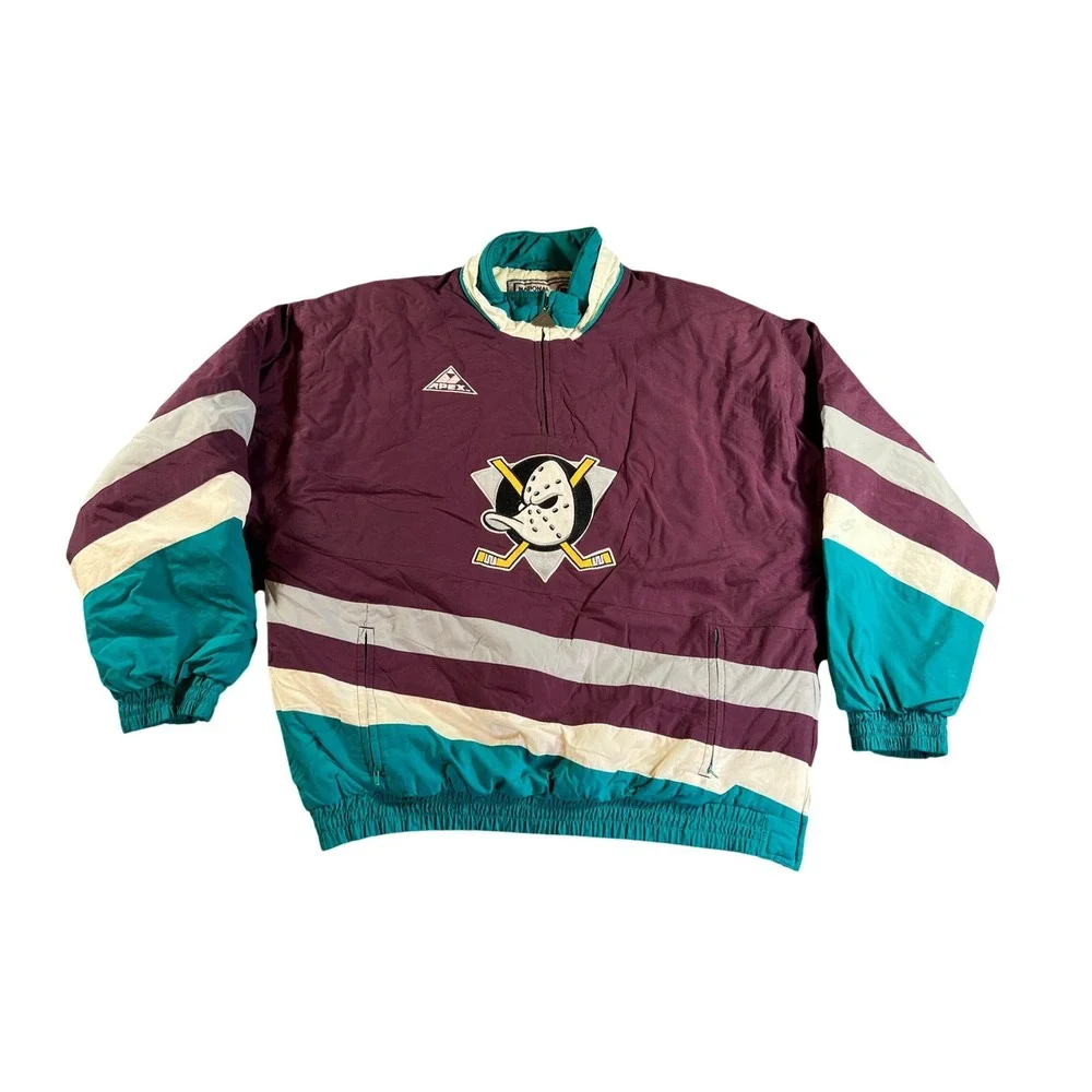 Vintage Apex One Mighty Ducks Puffer Jacket Mens Large Eggplant‎ 90s Quarter Zip