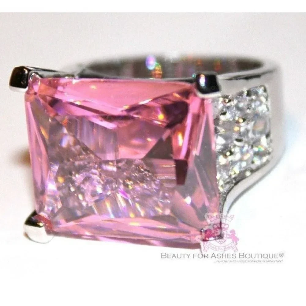 Rectangle Pink Tourmaline Ice Cz Chunky Cubic Zirconia Glam Cocktail Ring Size 7