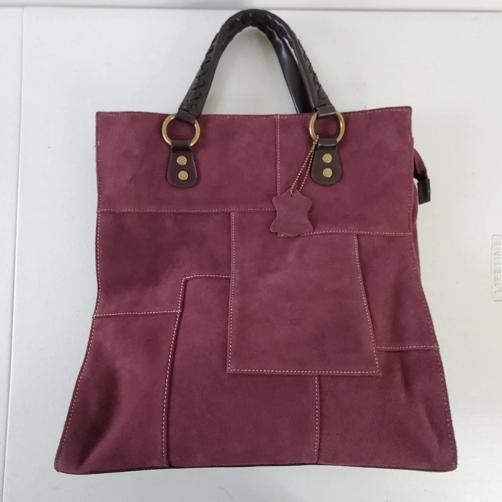 Valerie Stevens Purple Suede Tote Bag‎ Patchwork Double Strap Purse Retro