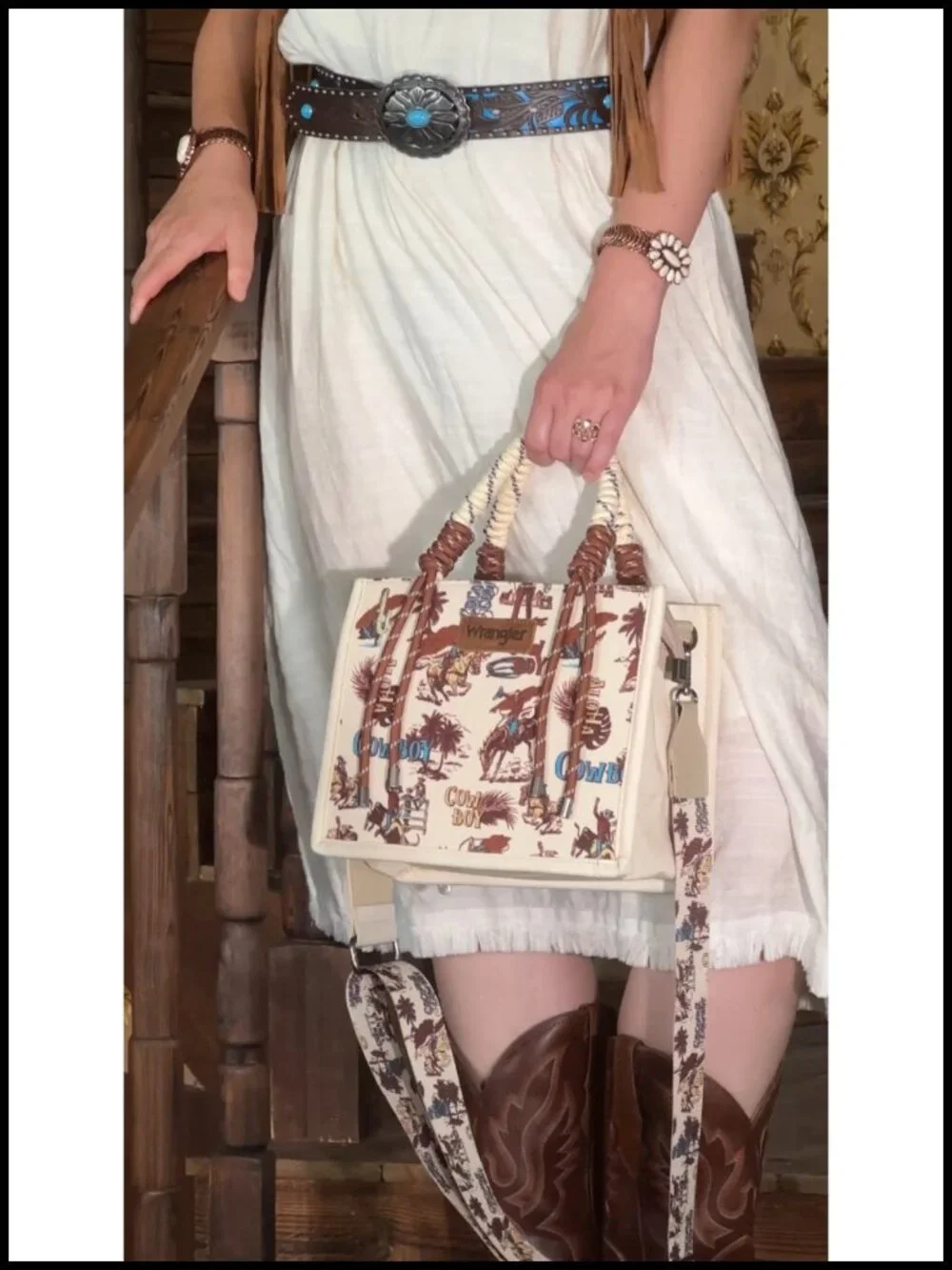 Canvas Tote Bag with Zipper Western Crossbody Adjustable Strap