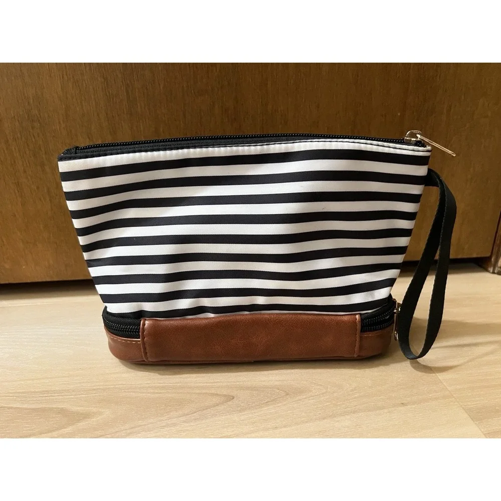 Unbranded Black White‎ Striped Wristlet Makeup Cosmetic Faux Brown Leather