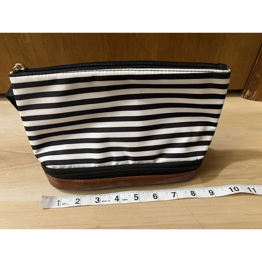 Unbranded Black White‎ Striped Wristlet Makeup Cosmetic Faux Brown Leather