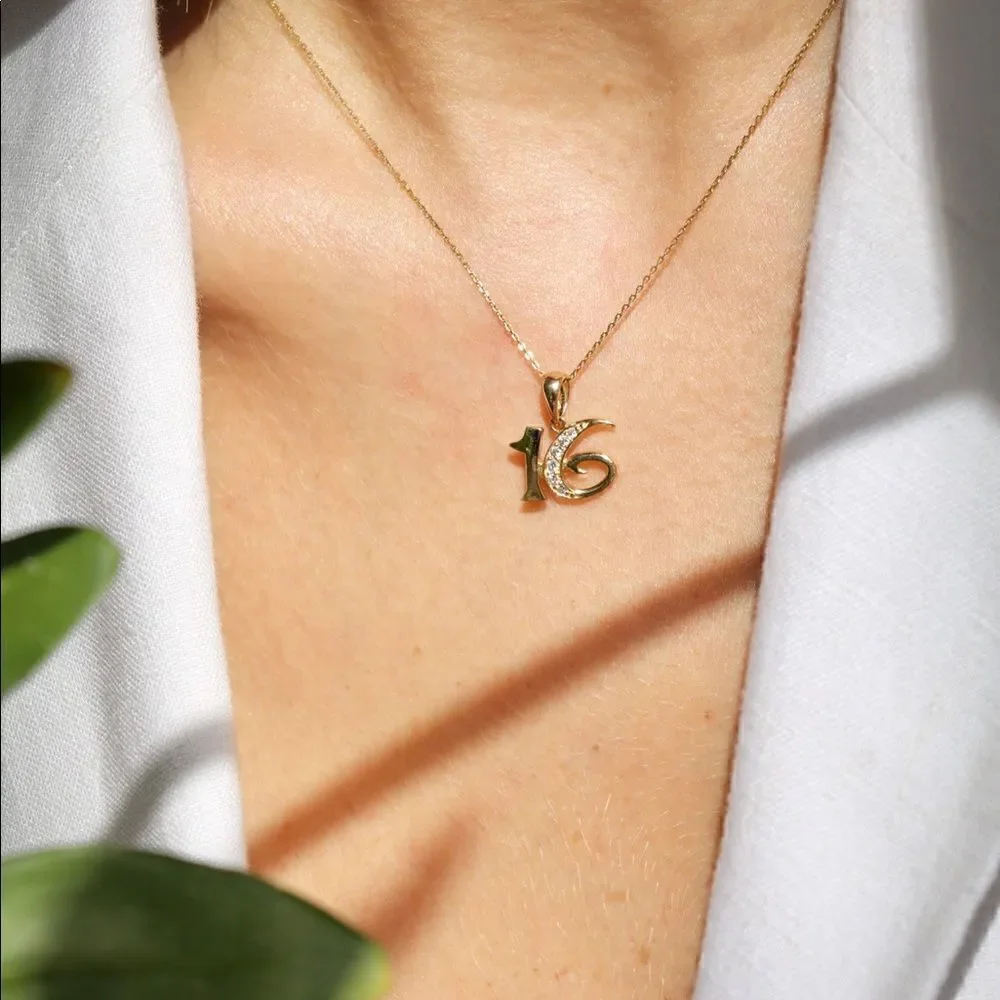 14k Solid Gold Sweet 16 Charm | Sweet 16 Jewelry | Real Gold Pendant | Birthday