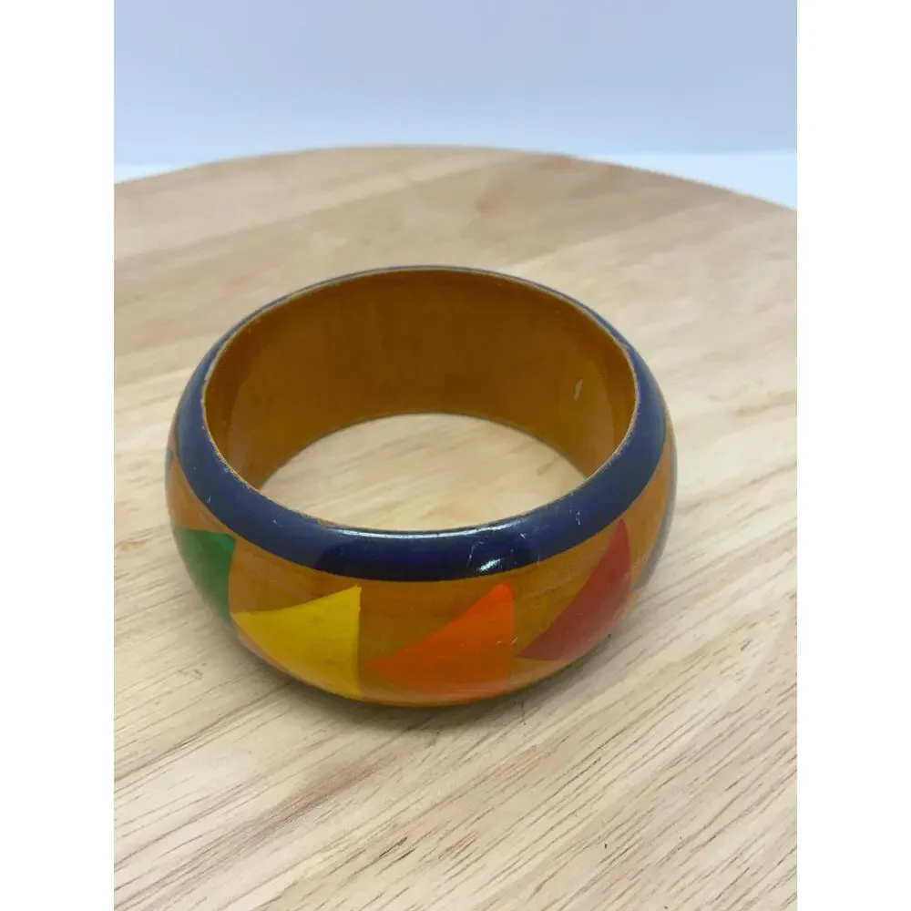 Vintage Wide Wooden Bangle Bracelet | Hand Painted Geometric Boho Bracelet