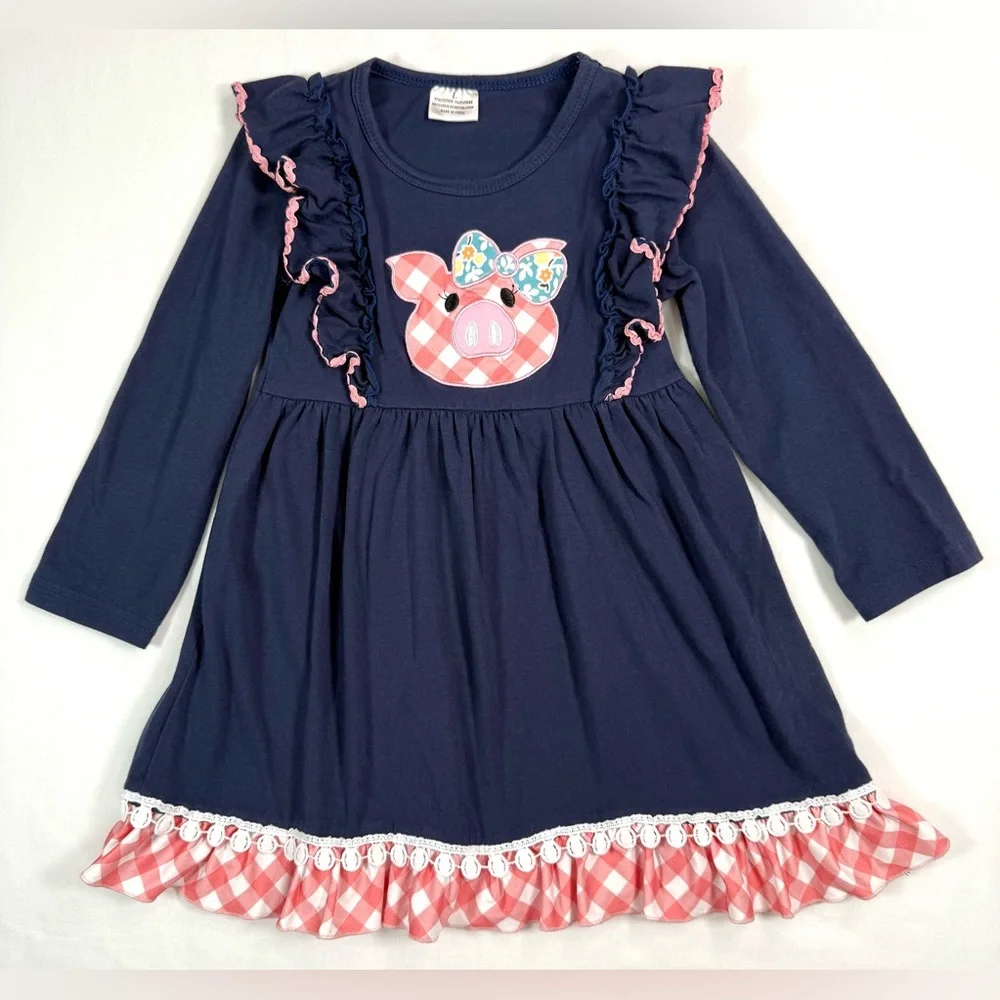 PIGGY FRIENDS Girls Pig Applique Ruffle Dress L 5/6 Gingham Farm‎ Cowgirl 4-H