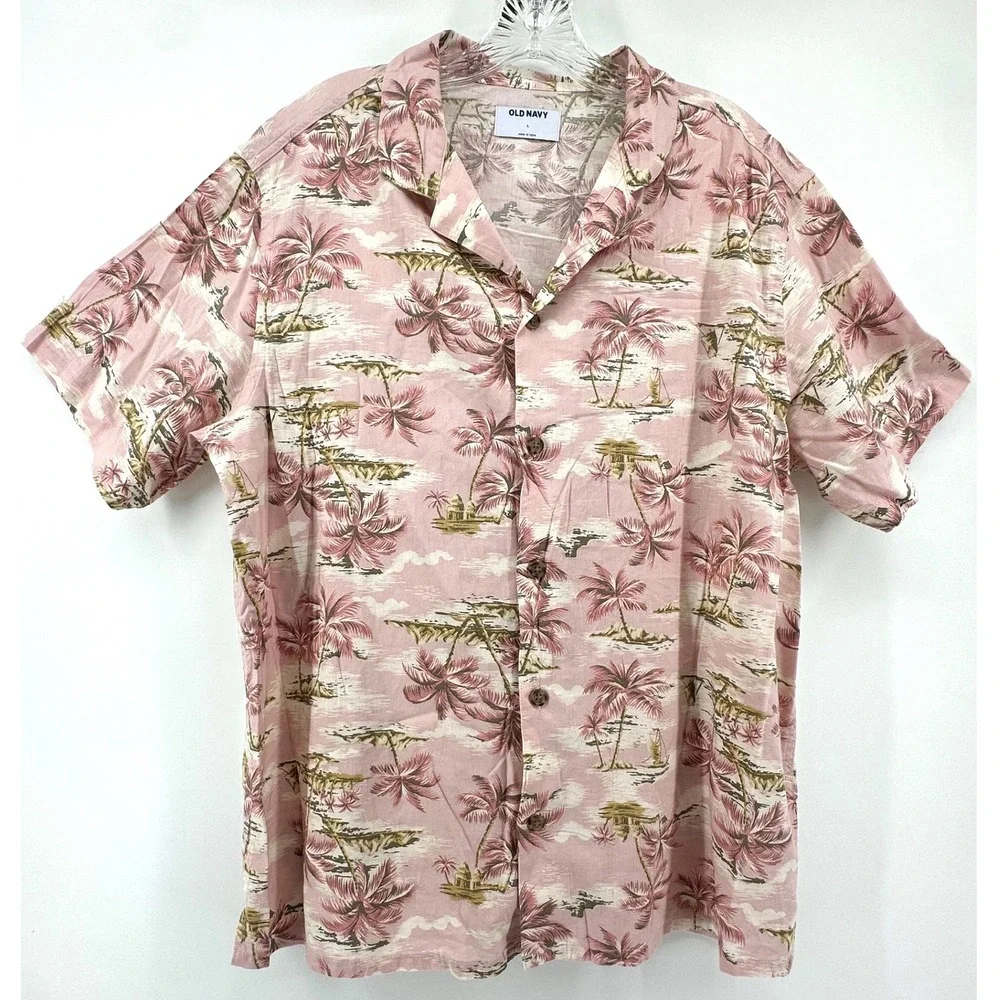 Old Navy Mens Large Pink Tropical Palm Tree Camp Shirt Short Sleeve Button Down