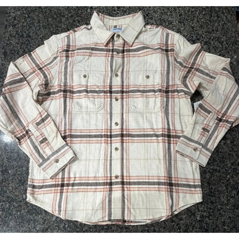 Old Navy Mens Double-Brushed‎ Flannel Plaid Button Down Shirt Cream Brown Large