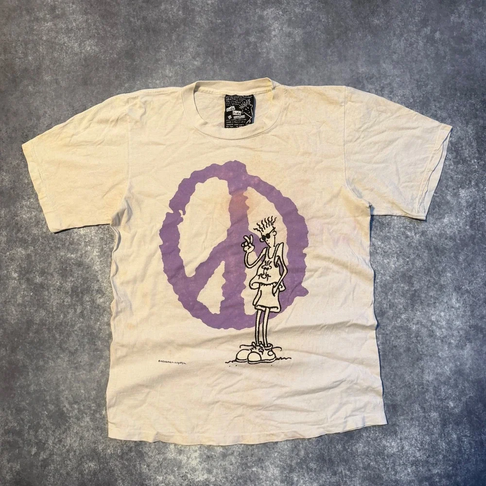 Vintage 1985 Fido Dido Peace of Mind T-Shirt Changes Tag Mens Large Cream Purple