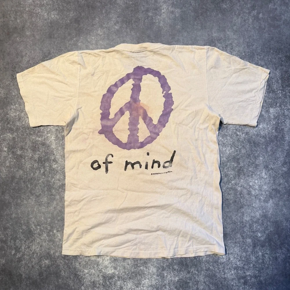 Vintage 1985 Fido Dido Peace of Mind T-Shirt Changes Tag Mens Large Cream Purple