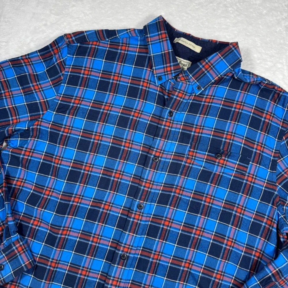 LL‎ Bean Mens Slightly Fitted Flannel Shirt Large Blue Plaid Cotton Long Sleeve